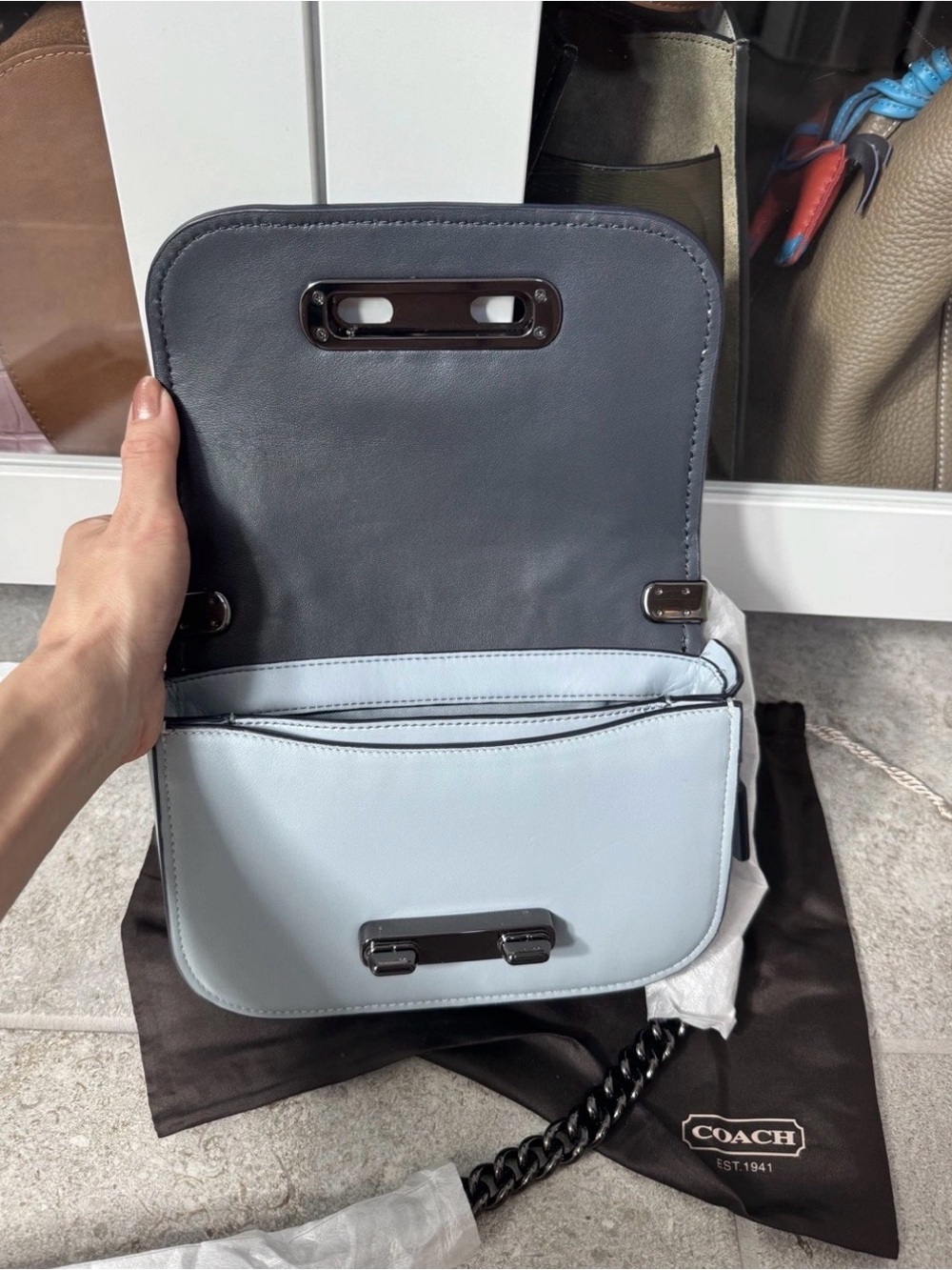 Coach Pale Blue Floral Leather Crossbody with Gunmetal Chain - Picture 9 of 13